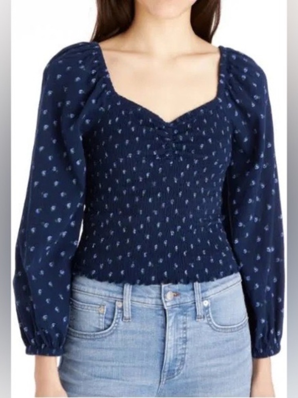 Dainty Madewell Navy Floral Smocked Sweetheart Neck Top, Balloon Sleeve (M)